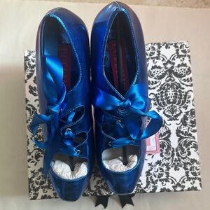 Bordello Blue Satin Heels with Ribbon Detail